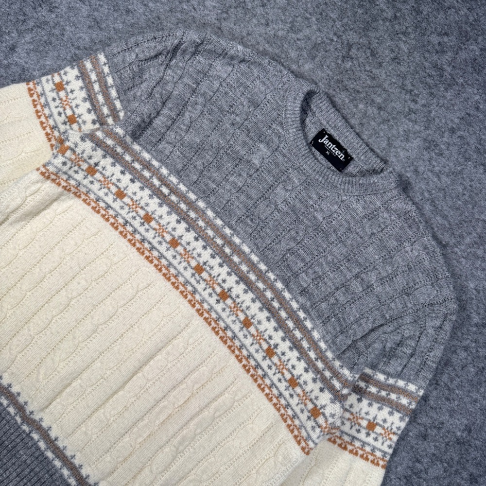 Jantzen Vintage Mens XL Grey Cream Fair Isle‎ Cable Knit Sweater Made in USA